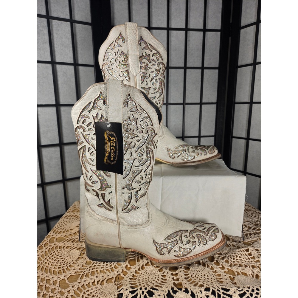 JB Dillon Reserve Bridal‎ Wedding Womens White Glitter  Western Boots Square Toe